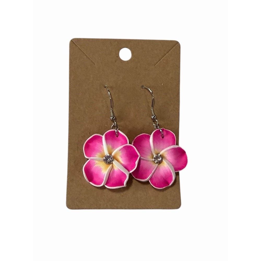 Pink Plumeria Flower Drop Earrings Tropical Floral Rhinestone‎ Summer Jewelry